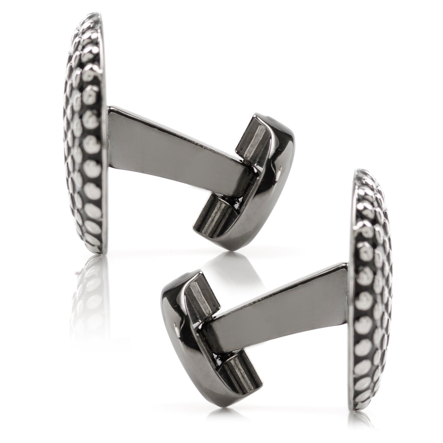 The Silver Circle Dot Texture Cufflinks by Cufflinks.com feature a stylish, textured surface with polished raised dots on a dark background—perfect for those who appreciate modern sophistication in their accessories.