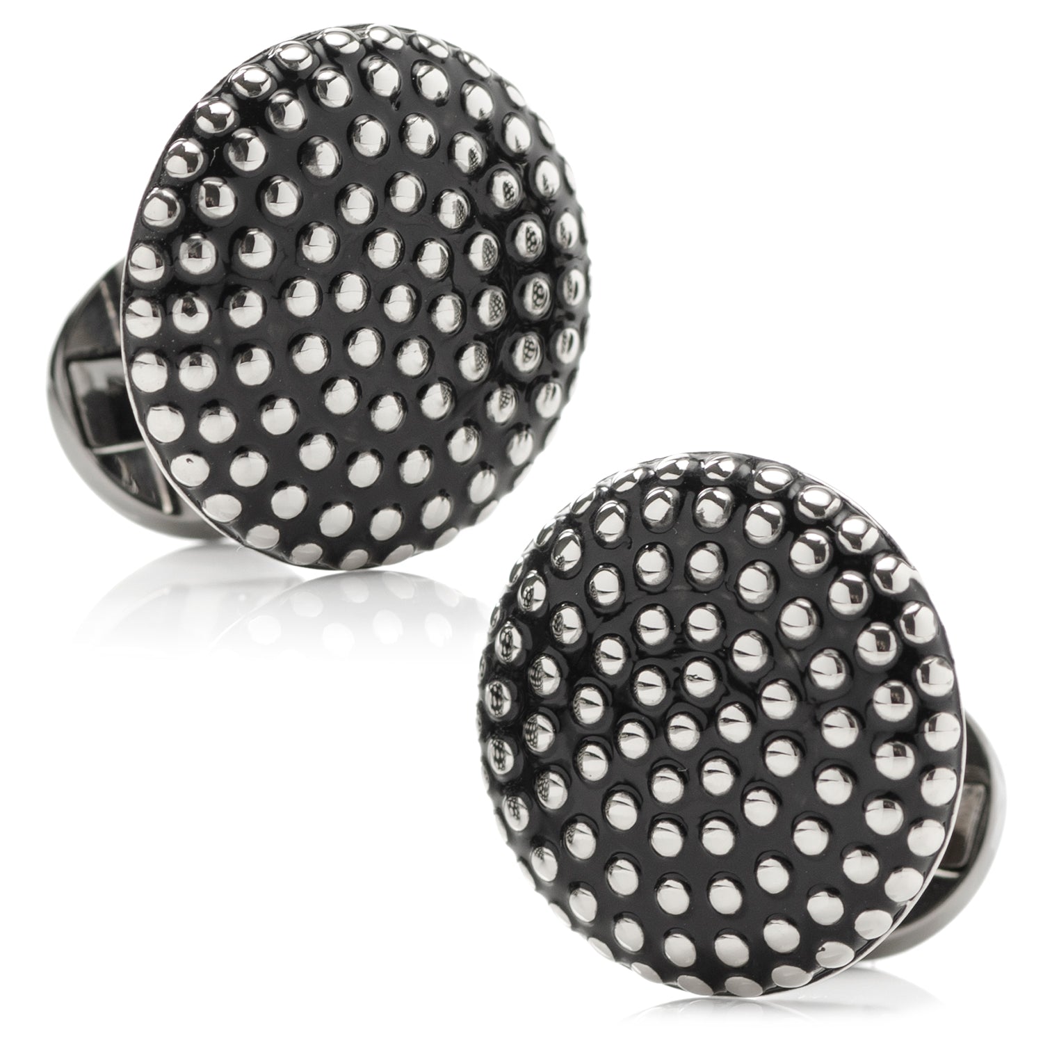 The Silver Circle Dot Texture Cufflinks by Cufflinks.com feature a stylish, textured surface with polished raised dots on a dark background—perfect for those who appreciate modern sophistication in their accessories.
