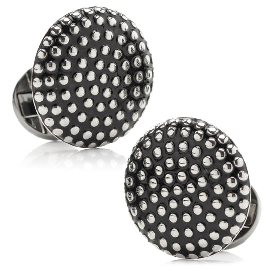 The Silver Circle Dot Texture Cufflinks by Cufflinks.com feature a stylish, textured surface with polished raised dots on a dark background—perfect for those who appreciate modern sophistication in their accessories.