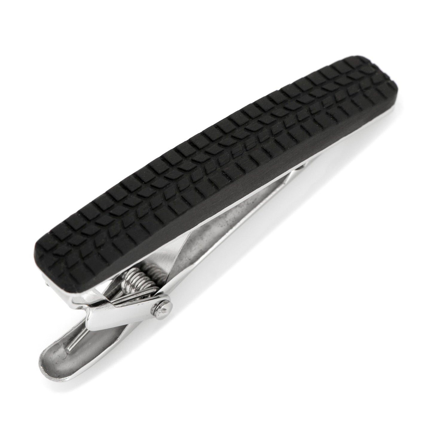 The Cufflinks.com Stainless Steel Carbon Fiber Tire Tread Tie Clip features a black, tire tread-inspired carbon fiber grip on top, displayed against a white background.