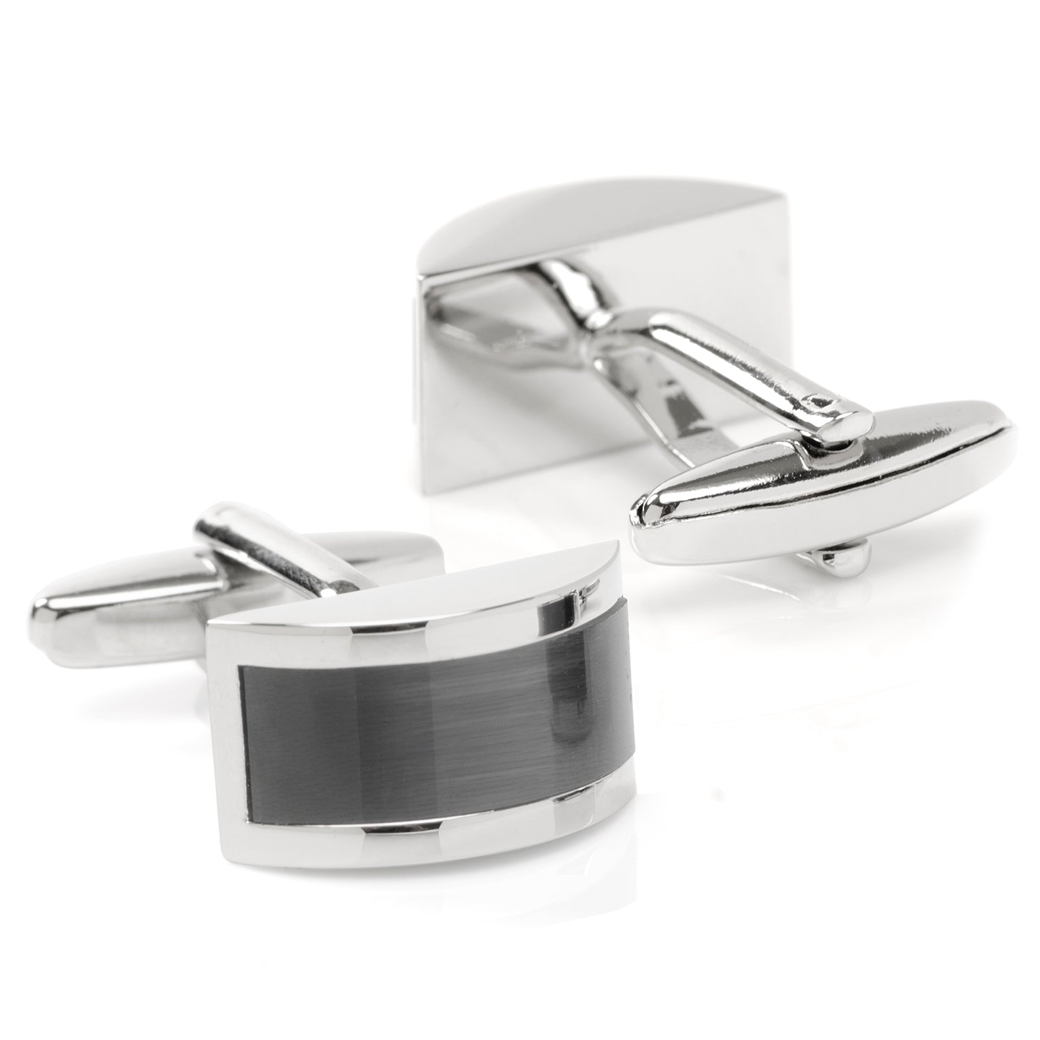 The Gray Cat's Eye Bridged Cufflinks by Cufflinks.com feature rectangular, silver-toned edges with a brushed gray cat's eye center, displayed on a white background.