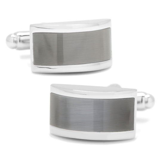 The Gray Cat's Eye Bridged Cufflinks by Cufflinks.com feature rectangular, silver-toned edges with a brushed gray cat's eye center, displayed on a white background.