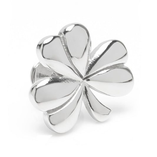 The Clover Stainless Steel Lapel Pin by Cufflinks.com features a polished silver-tone clover design, photographed on a plain white background—a stylish accessory perfect for formal occasions.