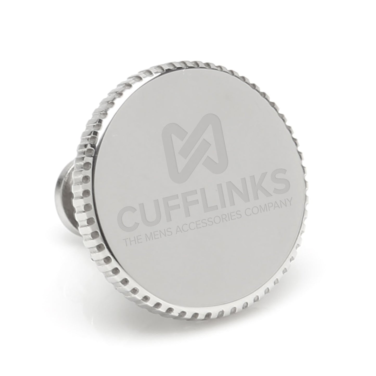The Cufflinks.com Stainless Steel Coin Edge Engravable Lapel Pin features a round, silver-colored design with a textured coin edge and a smooth, flat front, perfect for engraving.