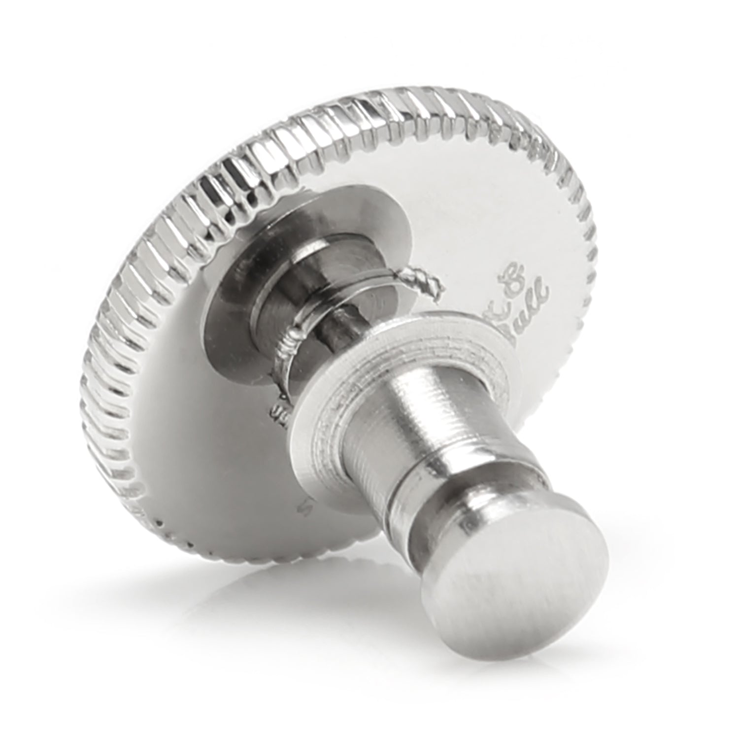 The Cufflinks.com Stainless Steel Coin Edge Engravable Lapel Pin features a round, silver-colored design with a textured coin edge and a smooth, flat front, perfect for engraving.