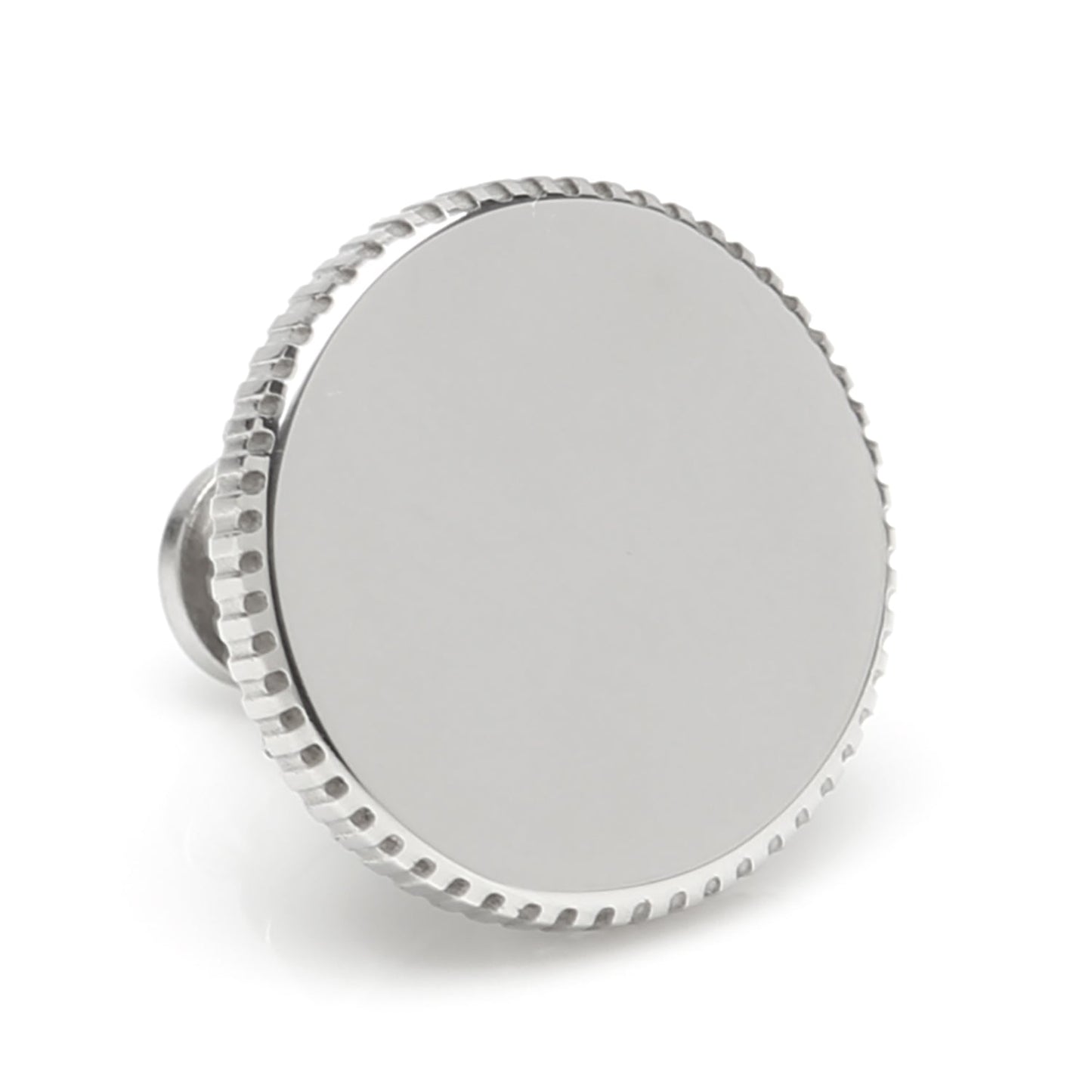 The Cufflinks.com Stainless Steel Coin Edge Engravable Lapel Pin features a round, silver-colored design with a textured coin edge and a smooth, flat front, perfect for engraving.