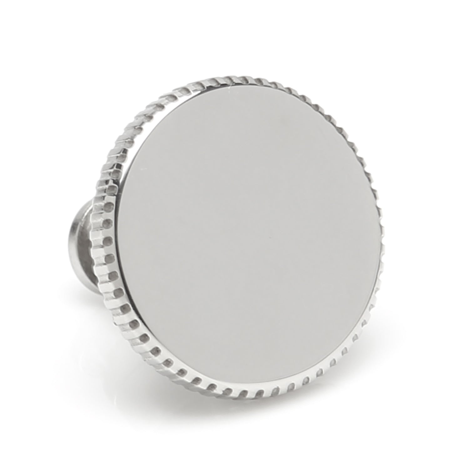 The Cufflinks.com Stainless Steel Coin Edge Engravable Lapel Pin features a round, silver-colored design with a textured coin edge and a smooth, flat front, perfect for engraving.