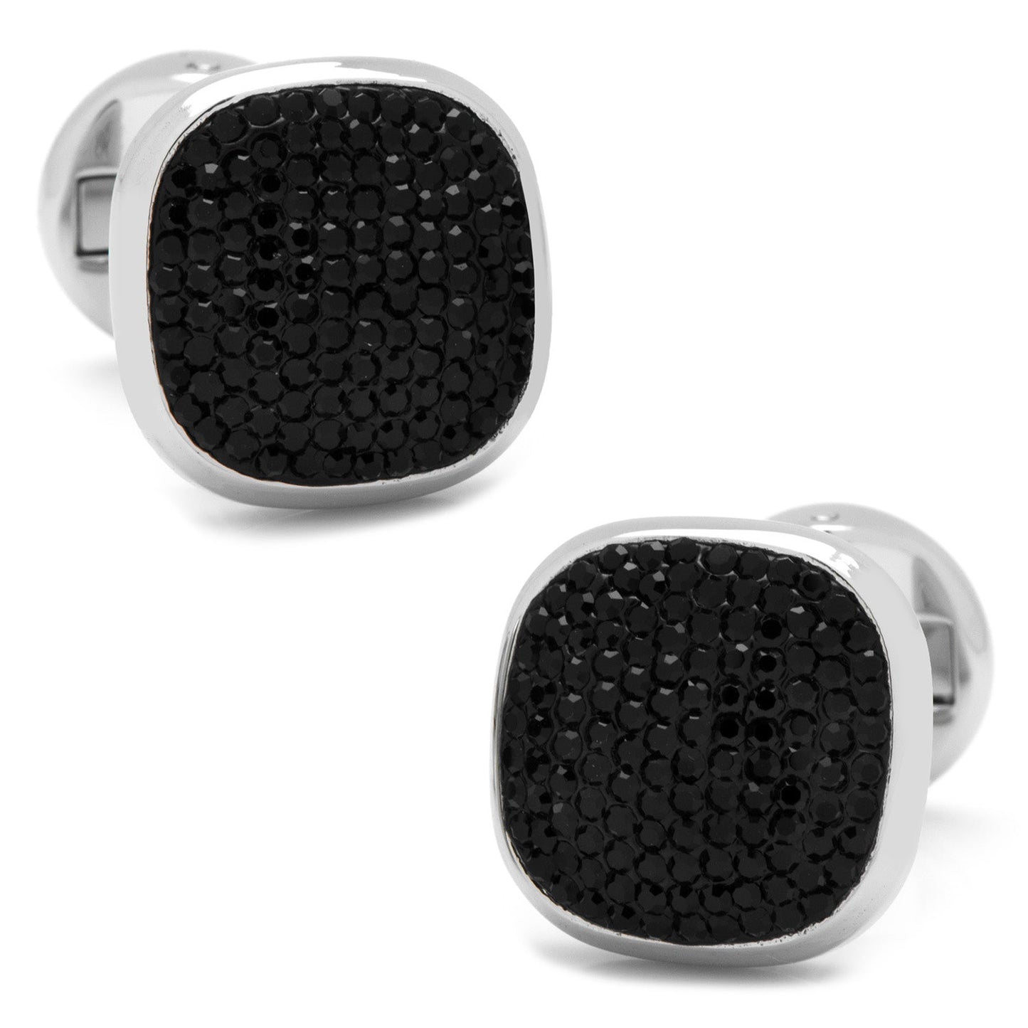 The Cufflinks.com Stainless Steel Black Pave Crystal 5-Stud Set features sleek cufflinks and shirt studs with black textured faces, elegantly displayed on a white background.