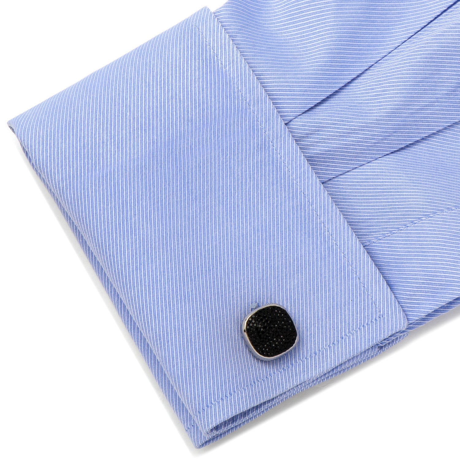 The Cufflinks.com Stainless Steel Black Pave Crystal 5-Stud Set features sleek cufflinks and shirt studs with black textured faces, elegantly displayed on a white background.