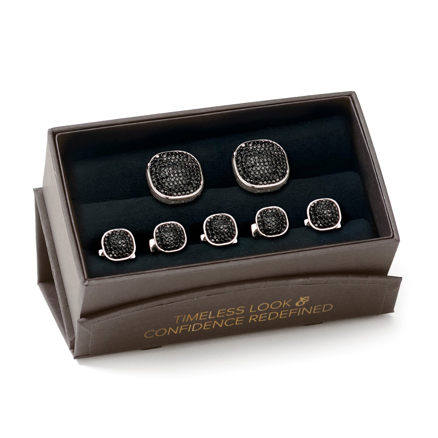 The Cufflinks.com Stainless Steel Black Pave Crystal 5-Stud Set features sleek cufflinks and shirt studs with black textured faces, elegantly displayed on a white background.