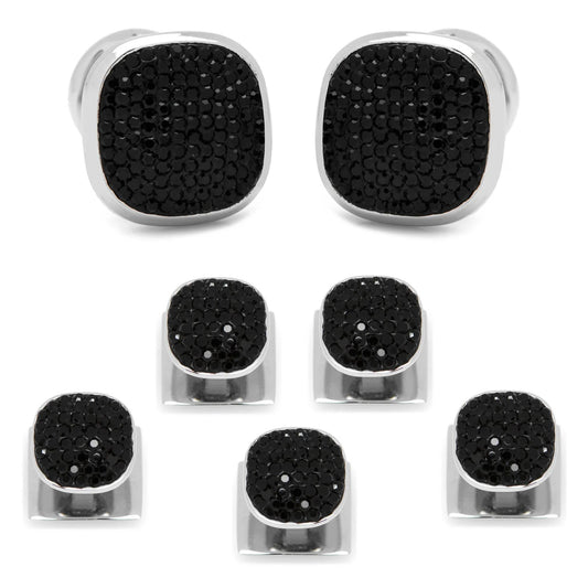 The Cufflinks.com Stainless Steel Black Pave Crystal 5-Stud Set features sleek cufflinks and shirt studs with black textured faces, elegantly displayed on a white background.