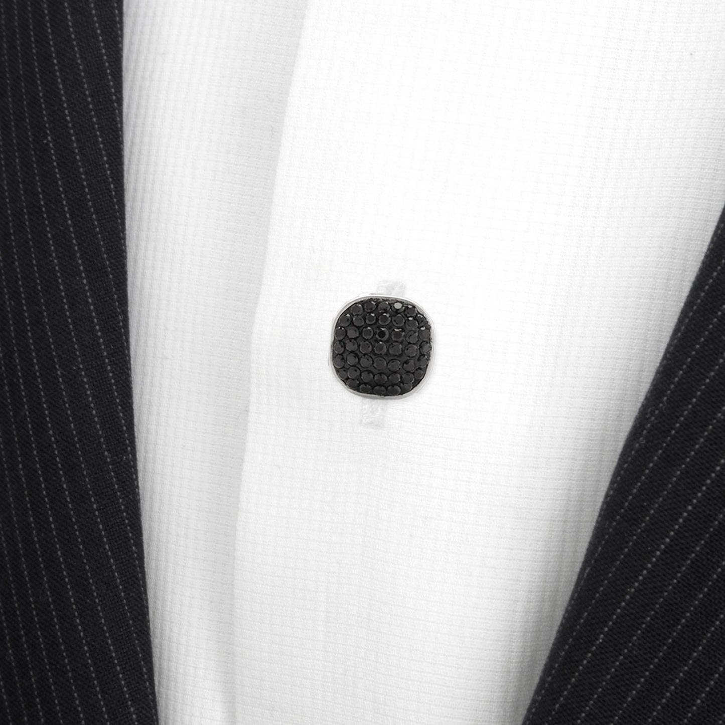 Five Stainless Steel with Black Pave Crystal 5-Studs by Cufflinks.com are arranged in a loose V-shape on a white background. Each silver stud features a rectangular design topped with black pave crystals.