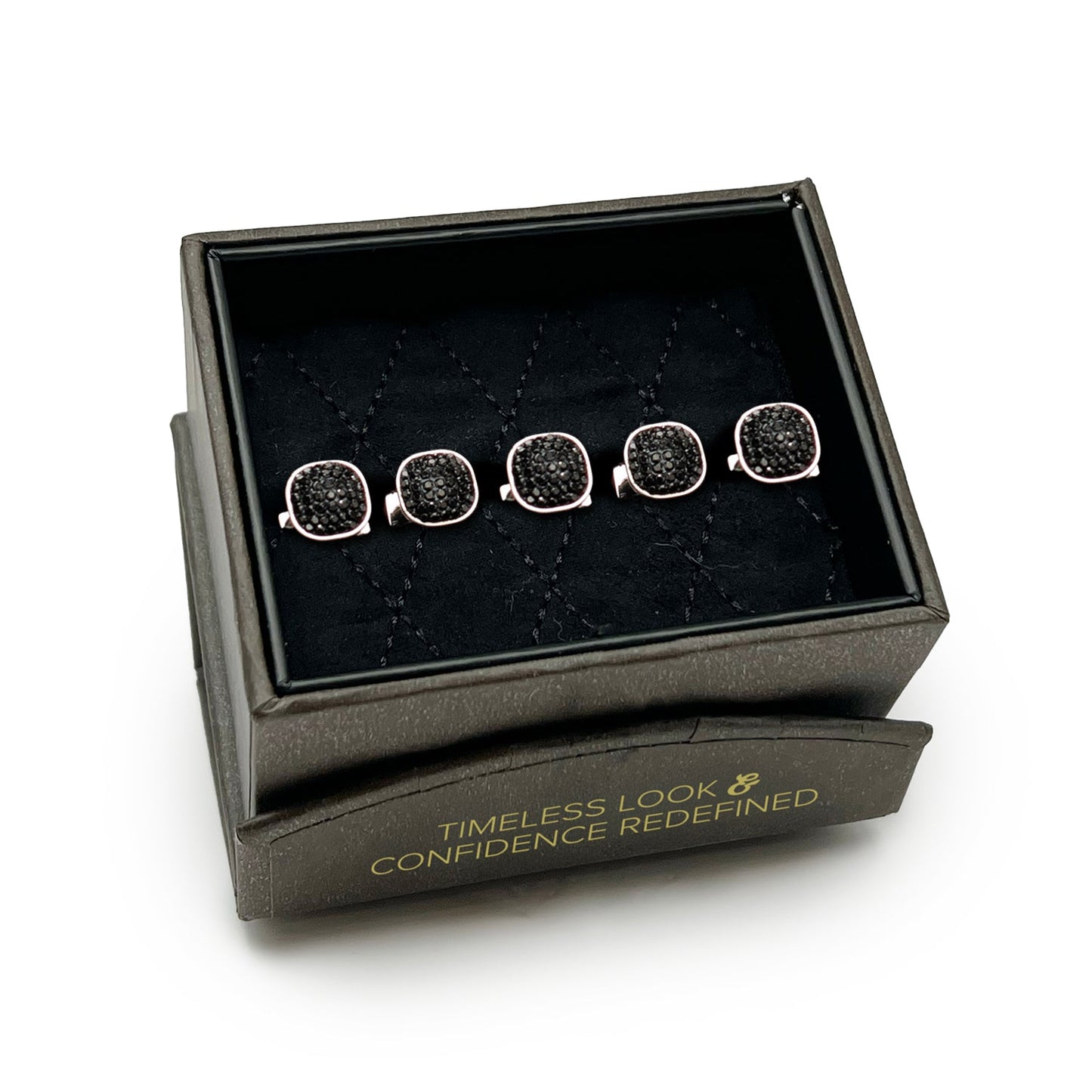 Five Stainless Steel with Black Pave Crystal 5-Studs by Cufflinks.com are arranged in a loose V-shape on a white background. Each silver stud features a rectangular design topped with black pave crystals.