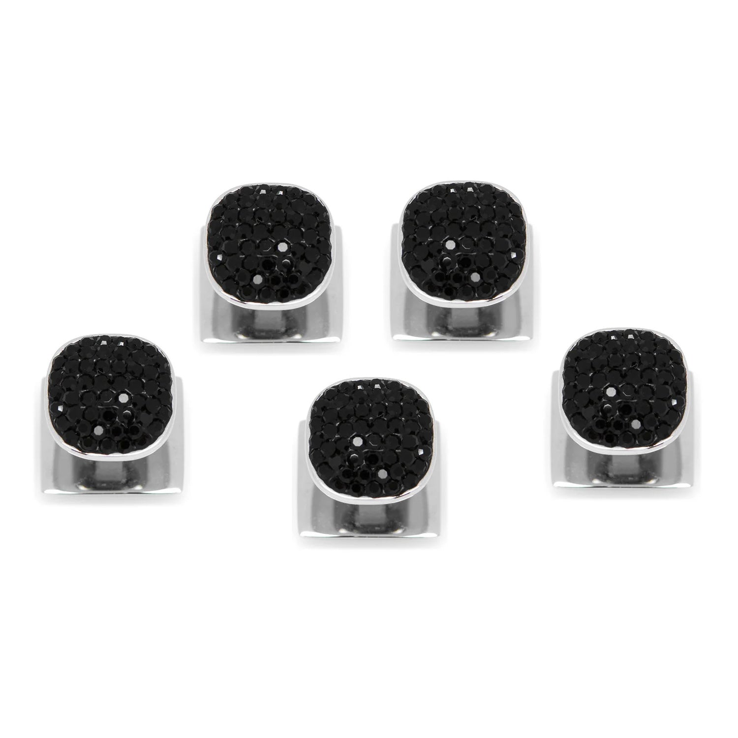 Five Stainless Steel with Black Pave Crystal 5-Studs by Cufflinks.com are arranged in a loose V-shape on a white background. Each silver stud features a rectangular design topped with black pave crystals.