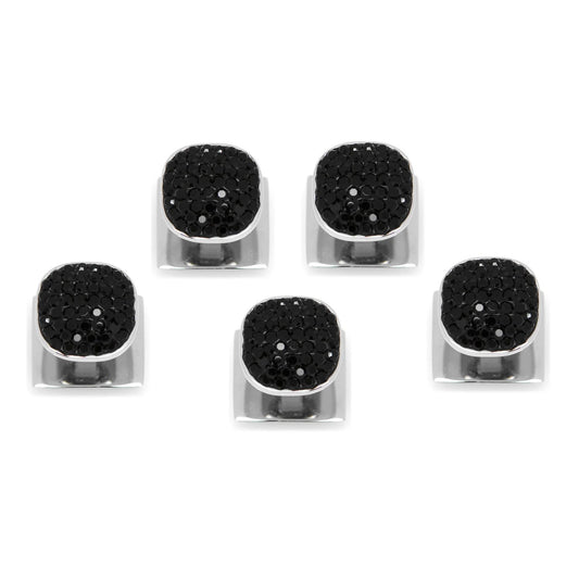Five Stainless Steel with Black Pave Crystal 5-Studs by Cufflinks.com are arranged in a loose V-shape on a white background. Each silver stud features a rectangular design topped with black pave crystals.