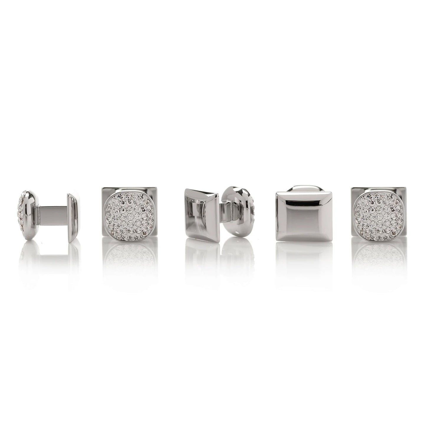 The White Pave Crystal 5-Stud Set by Cufflinks.com features silver cufflinks and tuxedo studs, each with a square face adorned with sparkling Preciosa crystals, shown on a white background.