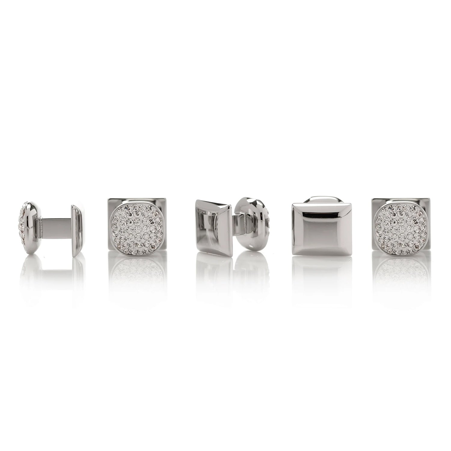 The White Pave Crystal 5-Stud Set by Cufflinks.com features silver cufflinks and tuxedo studs, each with a square face adorned with sparkling Preciosa crystals, shown on a white background.