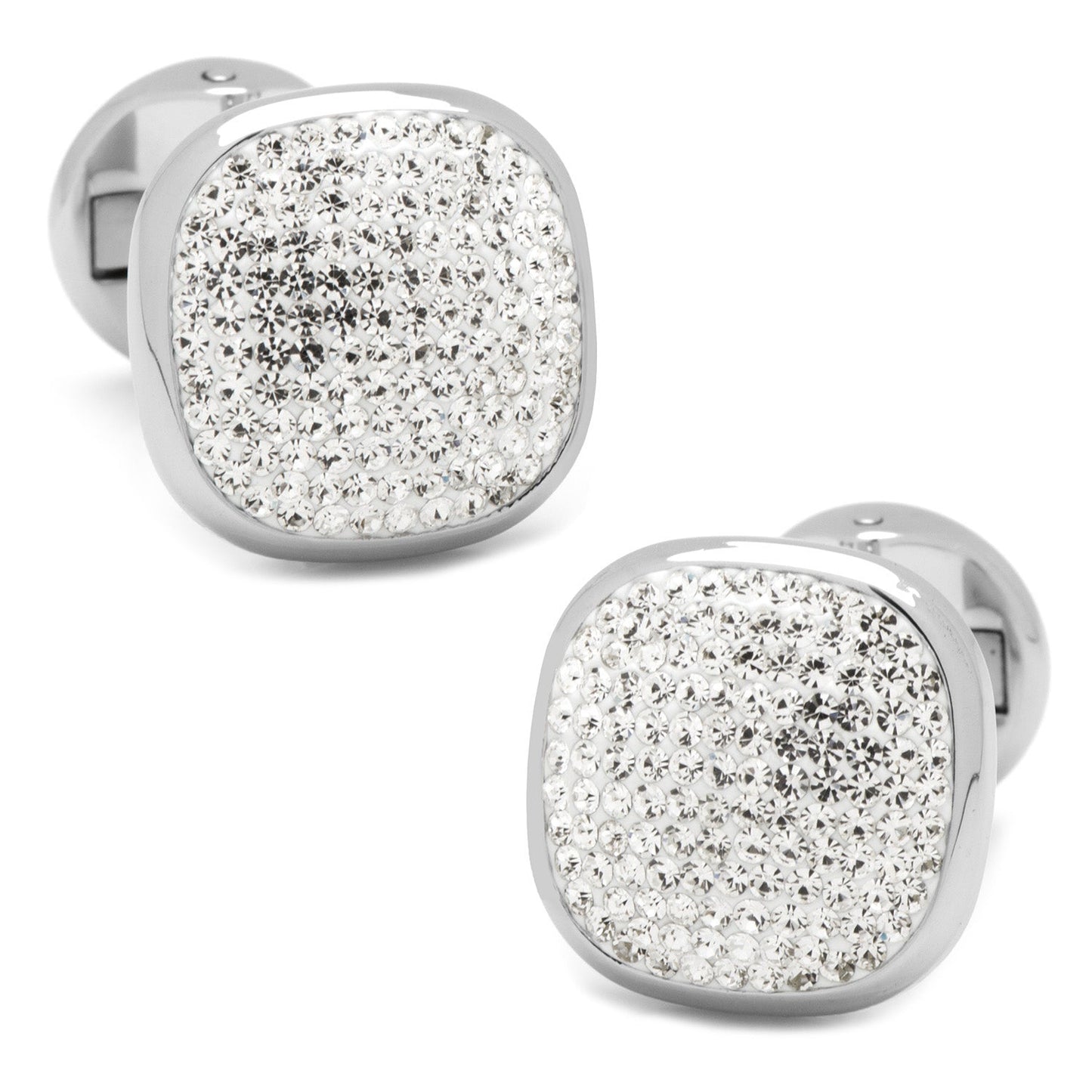 The White Pave Crystal 5-Stud Set by Cufflinks.com features silver cufflinks and tuxedo studs, each with a square face adorned with sparkling Preciosa crystals, shown on a white background.