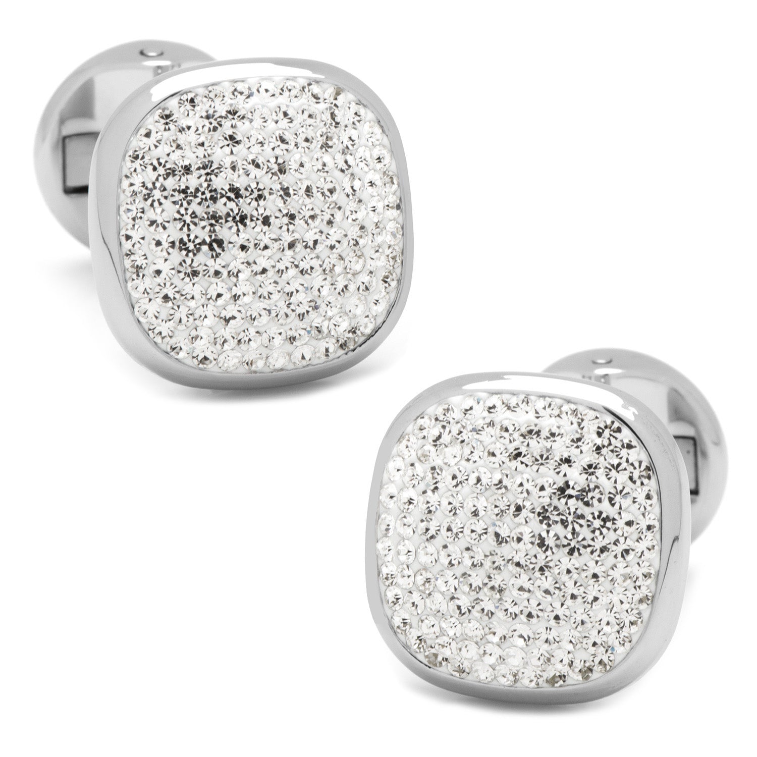 The White Pave Crystal 5-Stud Set by Cufflinks.com features silver cufflinks and tuxedo studs, each with a square face adorned with sparkling Preciosa crystals, shown on a white background.