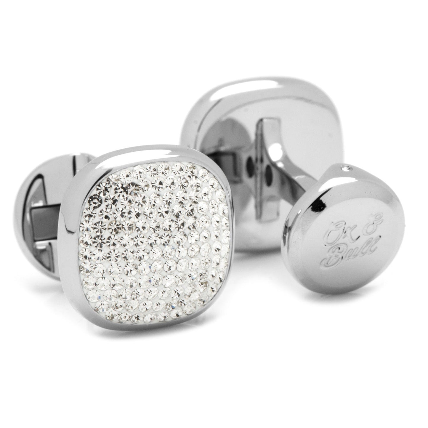 The White Pave Crystal 5-Stud Set by Cufflinks.com features silver cufflinks and tuxedo studs, each with a square face adorned with sparkling Preciosa crystals, shown on a white background.