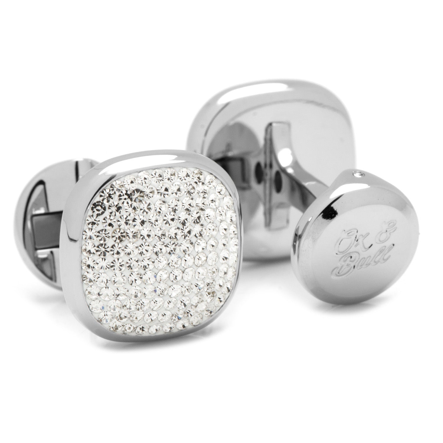 The White Pave Crystal 5-Stud Set by Cufflinks.com features silver cufflinks and tuxedo studs, each with a square face adorned with sparkling Preciosa crystals, shown on a white background.