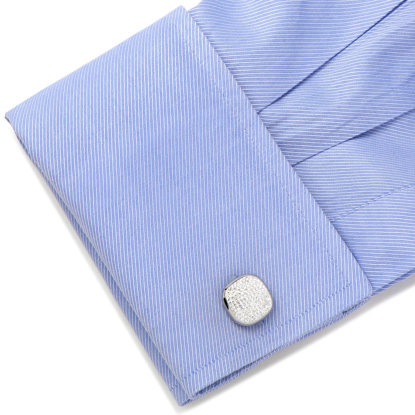 The White Pave Crystal 5-Stud Set by Cufflinks.com features silver cufflinks and tuxedo studs, each with a square face adorned with sparkling Preciosa crystals, shown on a white background.