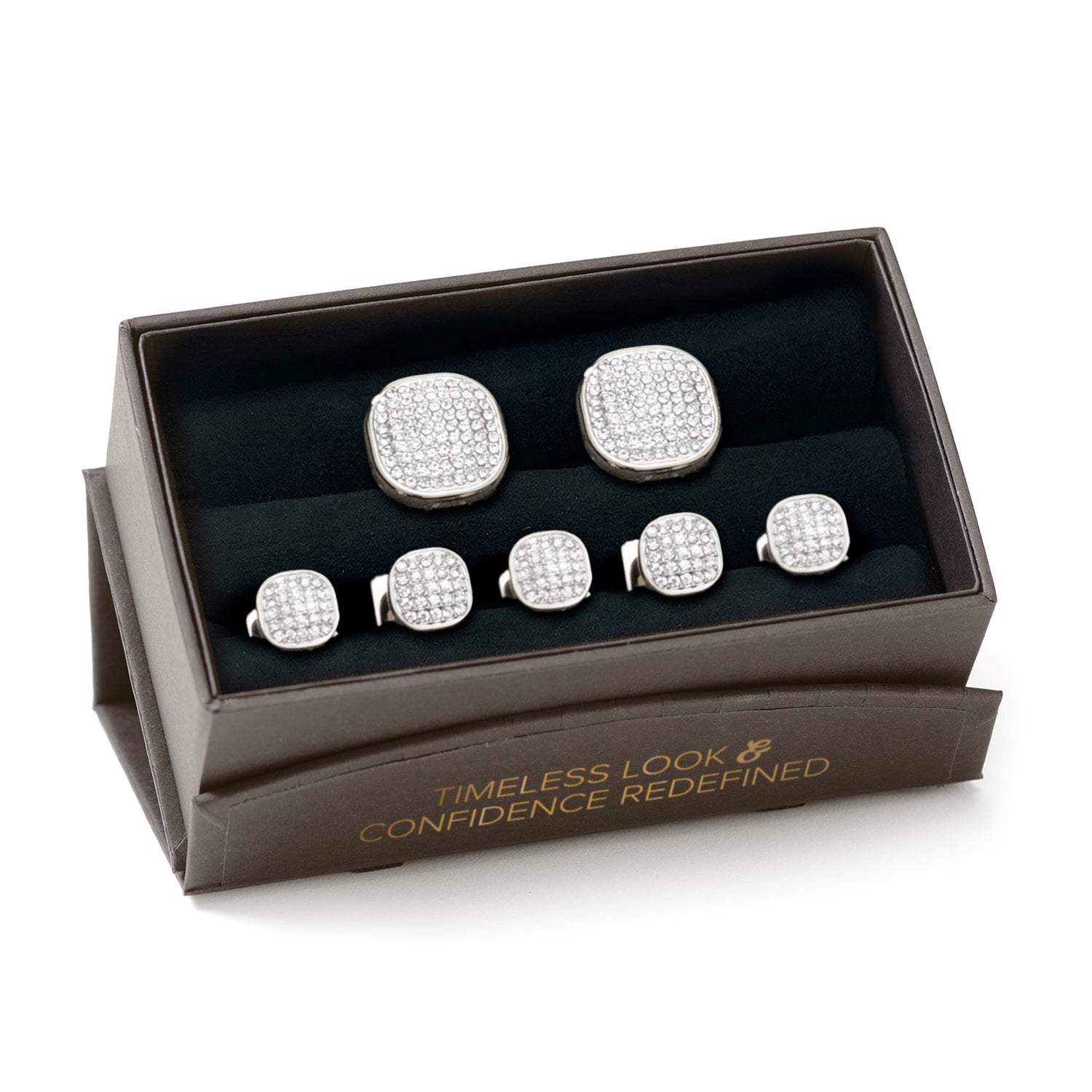 The White Pave Crystal 5-Stud Set by Cufflinks.com features silver cufflinks and tuxedo studs, each with a square face adorned with sparkling Preciosa crystals, shown on a white background.