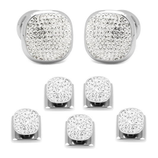 The White Pave Crystal 5-Stud Set by Cufflinks.com features silver cufflinks and tuxedo studs, each with a square face adorned with sparkling Preciosa crystals, shown on a white background.