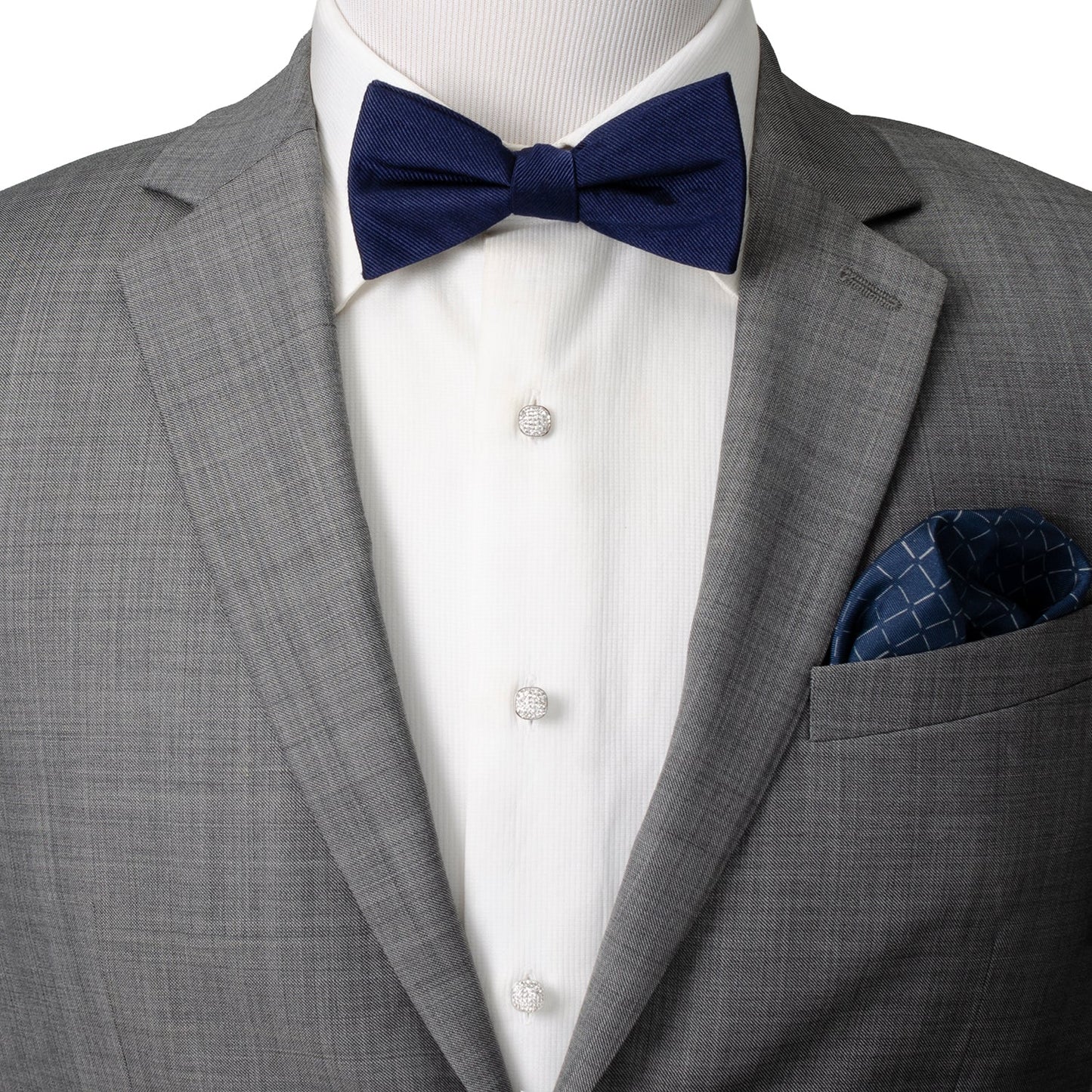 The White Pave Crystal 5-Studs by Cufflinks.com features five silver square studs with rounded corners, each pavé-set with clear crystals and arranged in a V-shape on a white background.