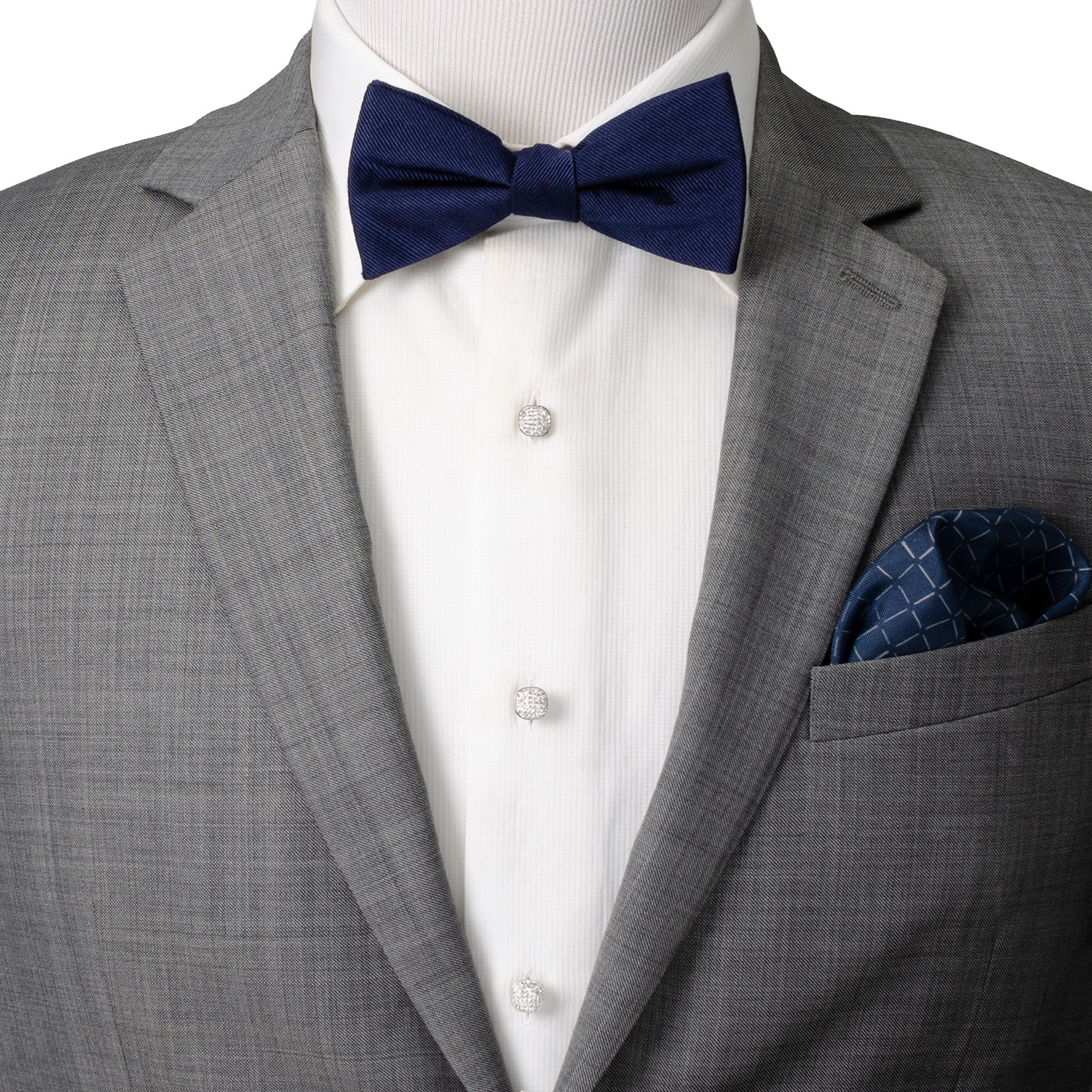 The White Pave Crystal 5-Studs by Cufflinks.com features five silver square studs with rounded corners, each pavé-set with clear crystals and arranged in a V-shape on a white background.