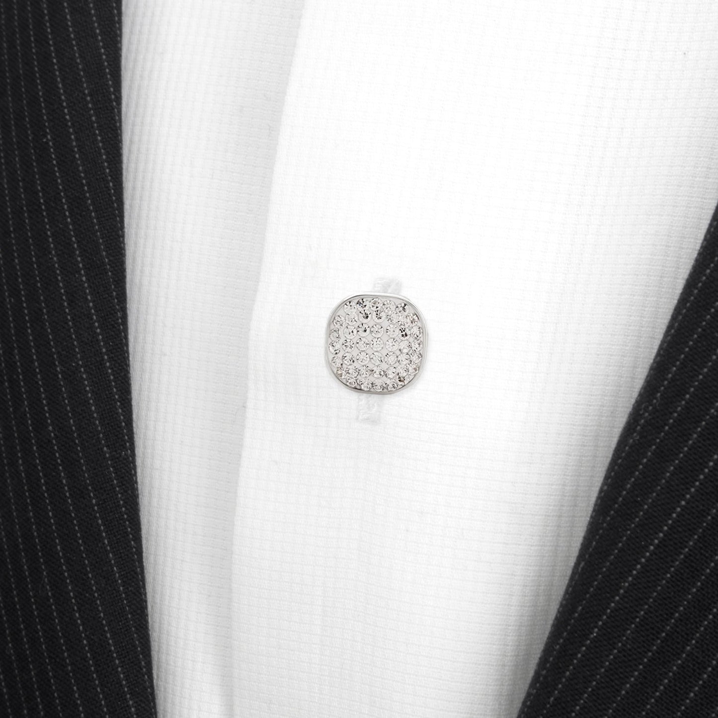 The White Pave Crystal 5-Studs by Cufflinks.com features five silver square studs with rounded corners, each pavé-set with clear crystals and arranged in a V-shape on a white background.