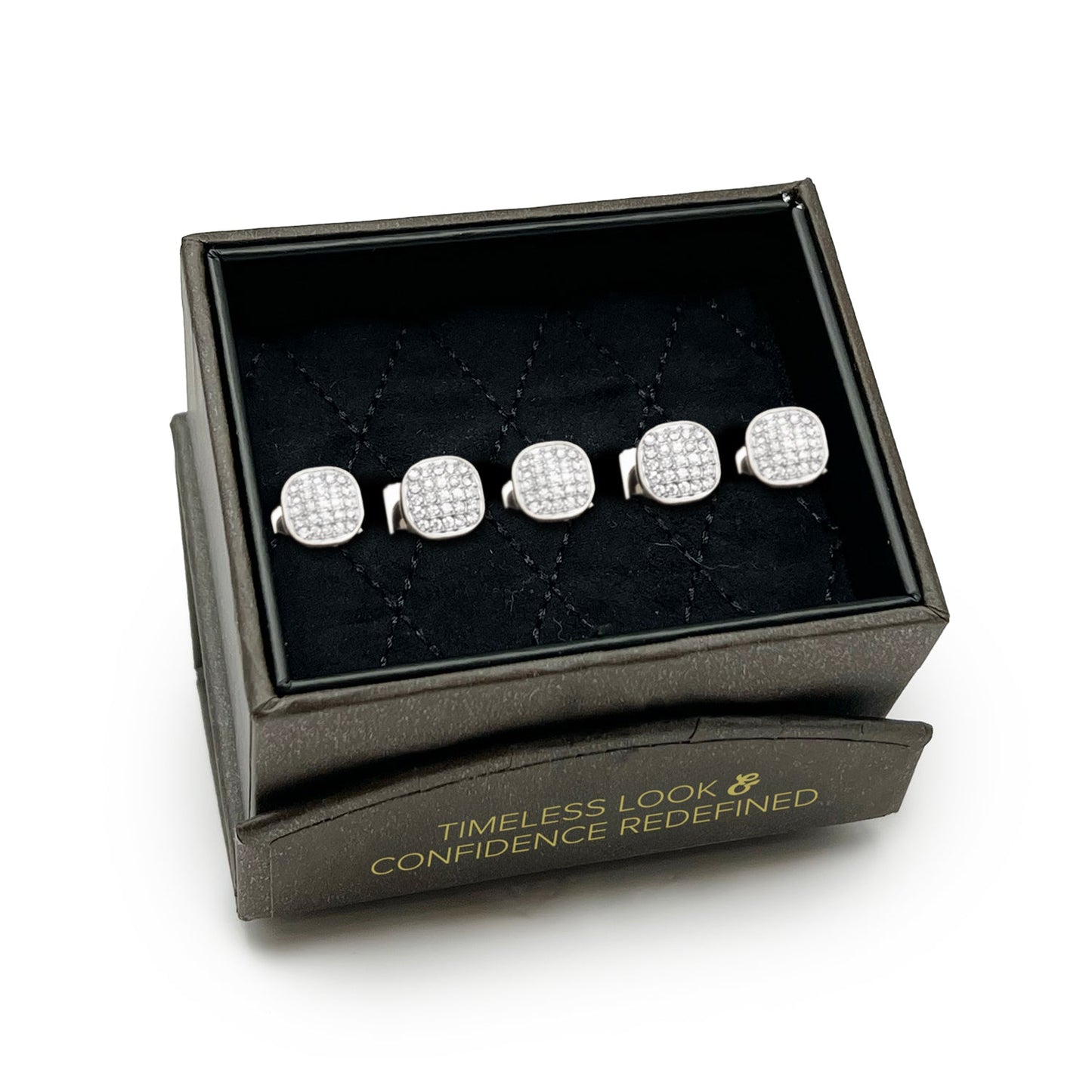 The White Pave Crystal 5-Studs by Cufflinks.com features five silver square studs with rounded corners, each pavé-set with clear crystals and arranged in a V-shape on a white background.