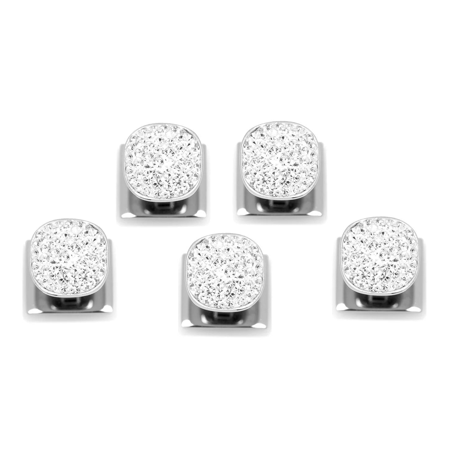 The White Pave Crystal 5-Studs by Cufflinks.com features five silver square studs with rounded corners, each pavé-set with clear crystals and arranged in a V-shape on a white background.