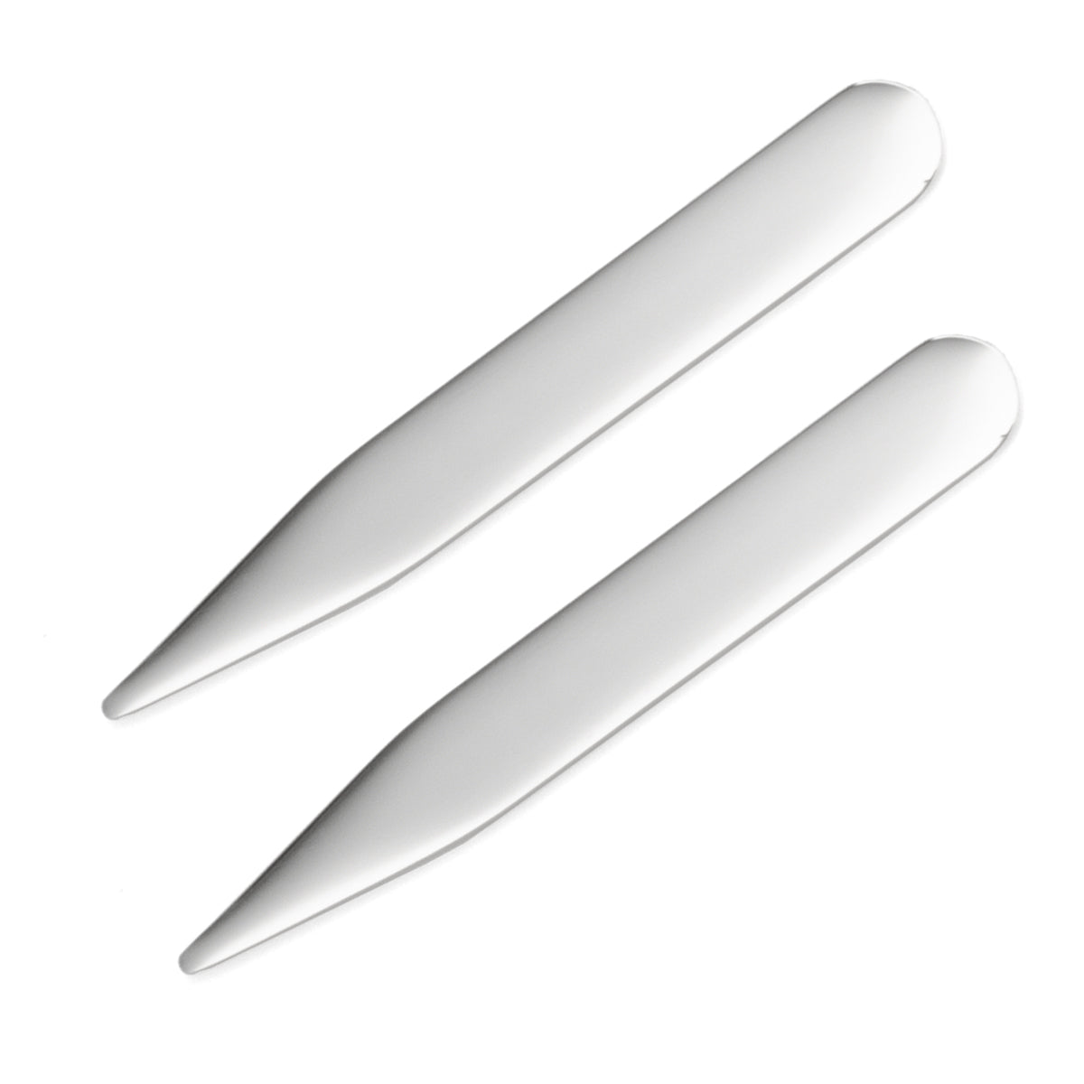 Two Stainless Steel Engravable Collar Stays by Cufflinks.com lie parallel on a white background, adding a sleek, personalized touch to any shirt.