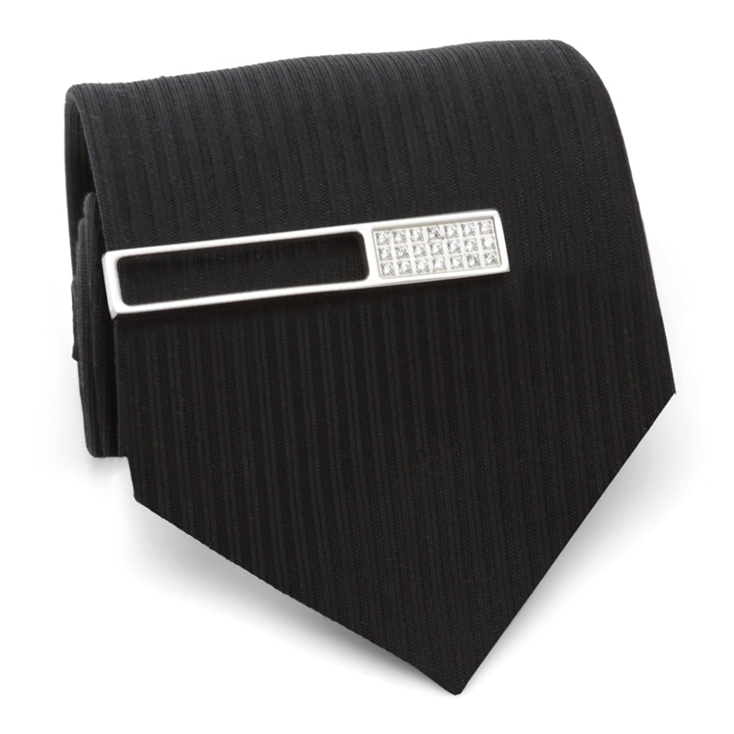 The Die Cut Crystal Stainless Steel Tie Clip by Cufflinks.com features a rectangular cutout design with a row of clear gemstones on one end, crafted from stainless steel and shown on a white background.