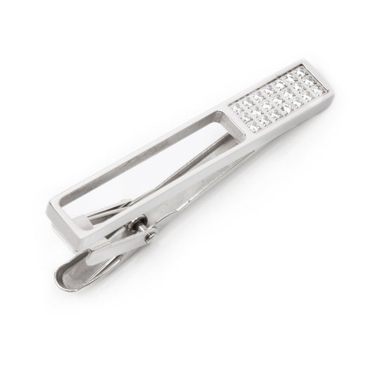 The Die Cut Crystal Stainless Steel Tie Clip by Cufflinks.com features a rectangular cutout design with a row of clear gemstones on one end, crafted from stainless steel and shown on a white background.