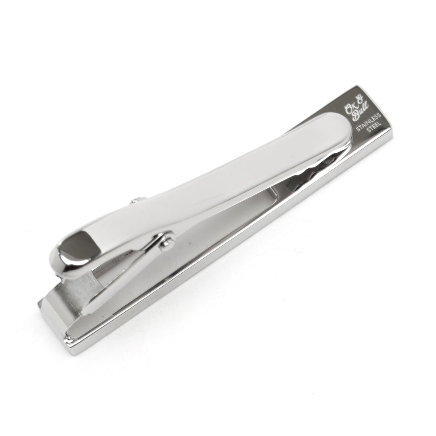 The Cufflinks.com Die Cut Mother of Pearl Stainless Steel Tie Clip features a rectangular mother of pearl inlay and is displayed on a white background.