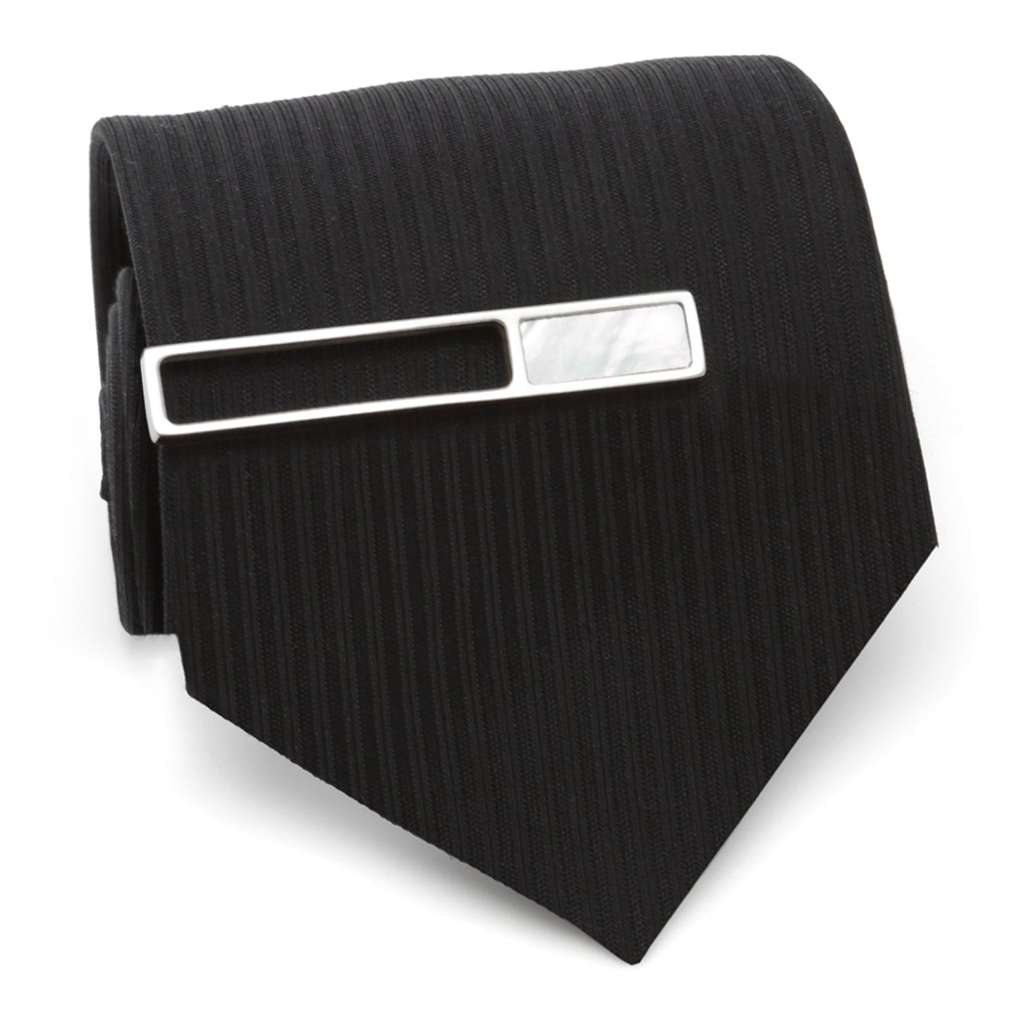 The Cufflinks.com Die Cut Mother of Pearl Stainless Steel Tie Clip features a rectangular mother of pearl inlay and is displayed on a white background.