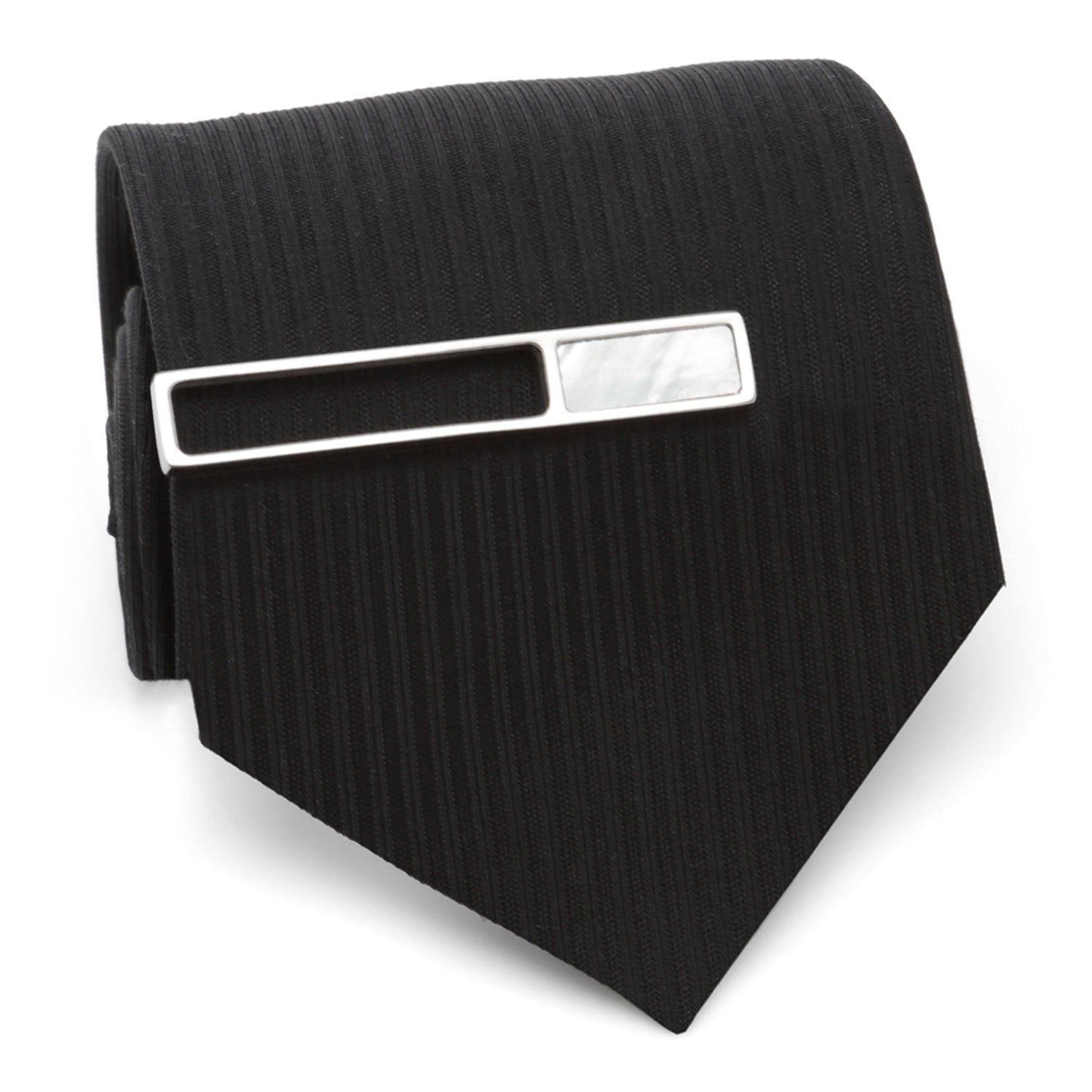 The Cufflinks.com Die Cut Mother of Pearl Stainless Steel Tie Clip features a rectangular mother of pearl inlay and is displayed on a white background.