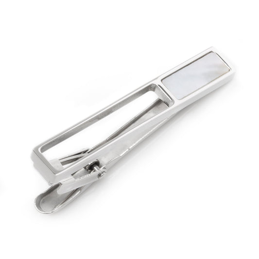 The Cufflinks.com Die Cut Mother of Pearl Stainless Steel Tie Clip features a rectangular mother of pearl inlay and is displayed on a white background.