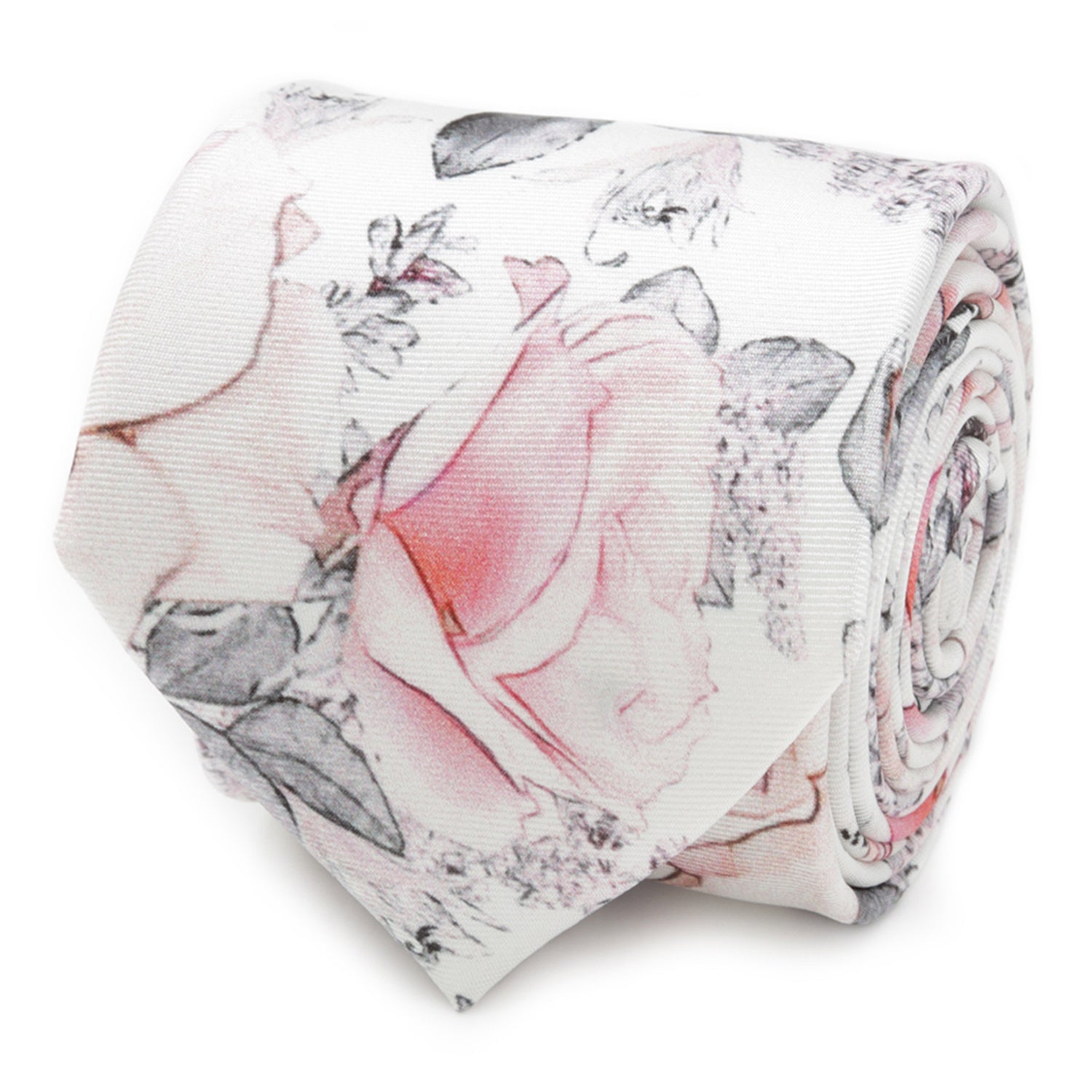 The Painted Floral Gray Necktie and Pocket Square Gift Set by Cufflinks.com features a vintage-inspired white design with pink and gray flowers—perfect for elevating your formal wardrobe.