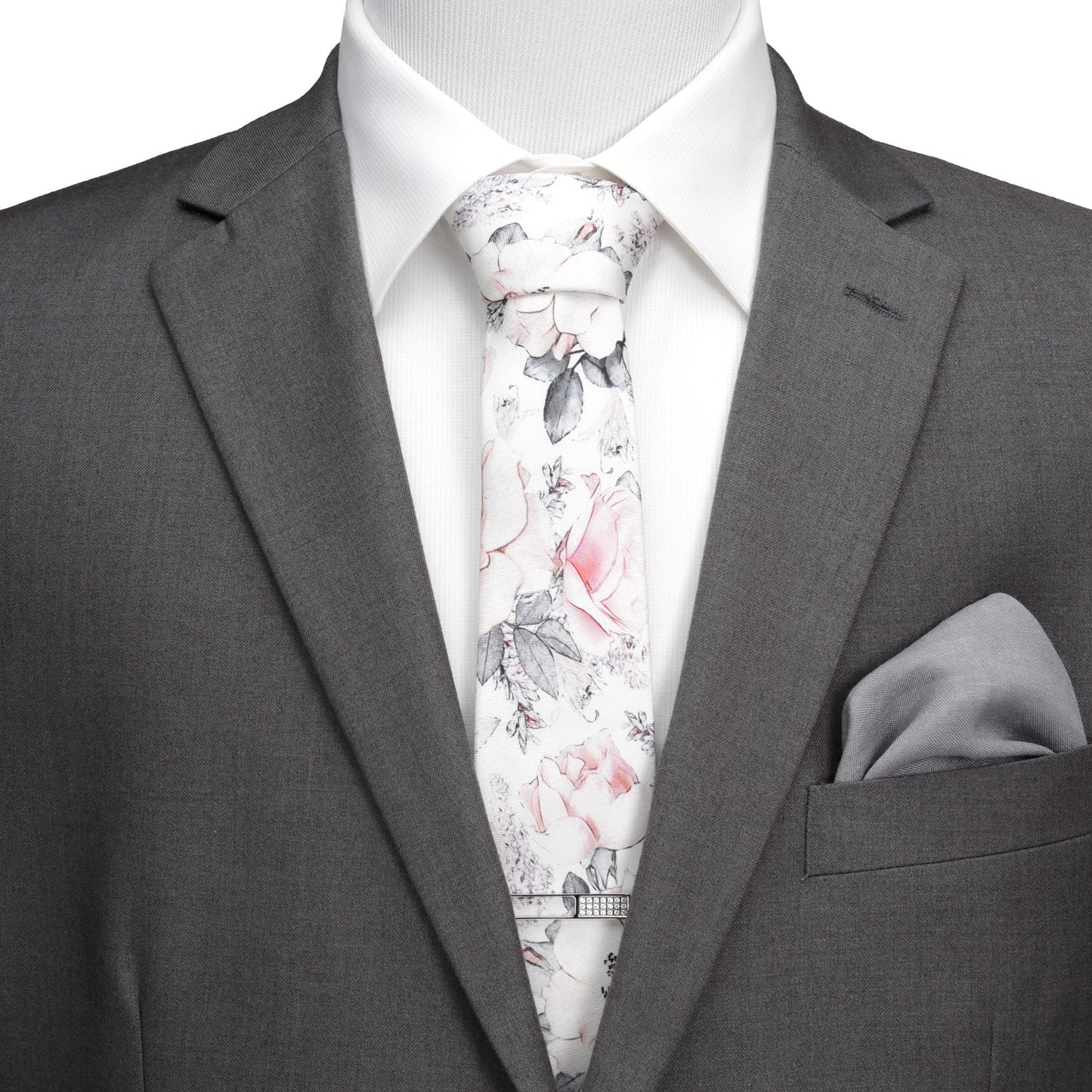 The Painted Floral Gray Necktie and Pocket Square Gift Set by Cufflinks.com features a vintage-inspired white design with pink and gray flowers—perfect for elevating your formal wardrobe.