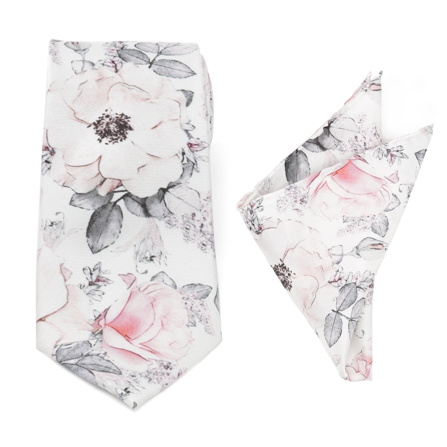 The Painted Floral Gray Necktie and Pocket Square Gift Set by Cufflinks.com features a vintage-inspired white design with pink and gray flowers—perfect for elevating your formal wardrobe.