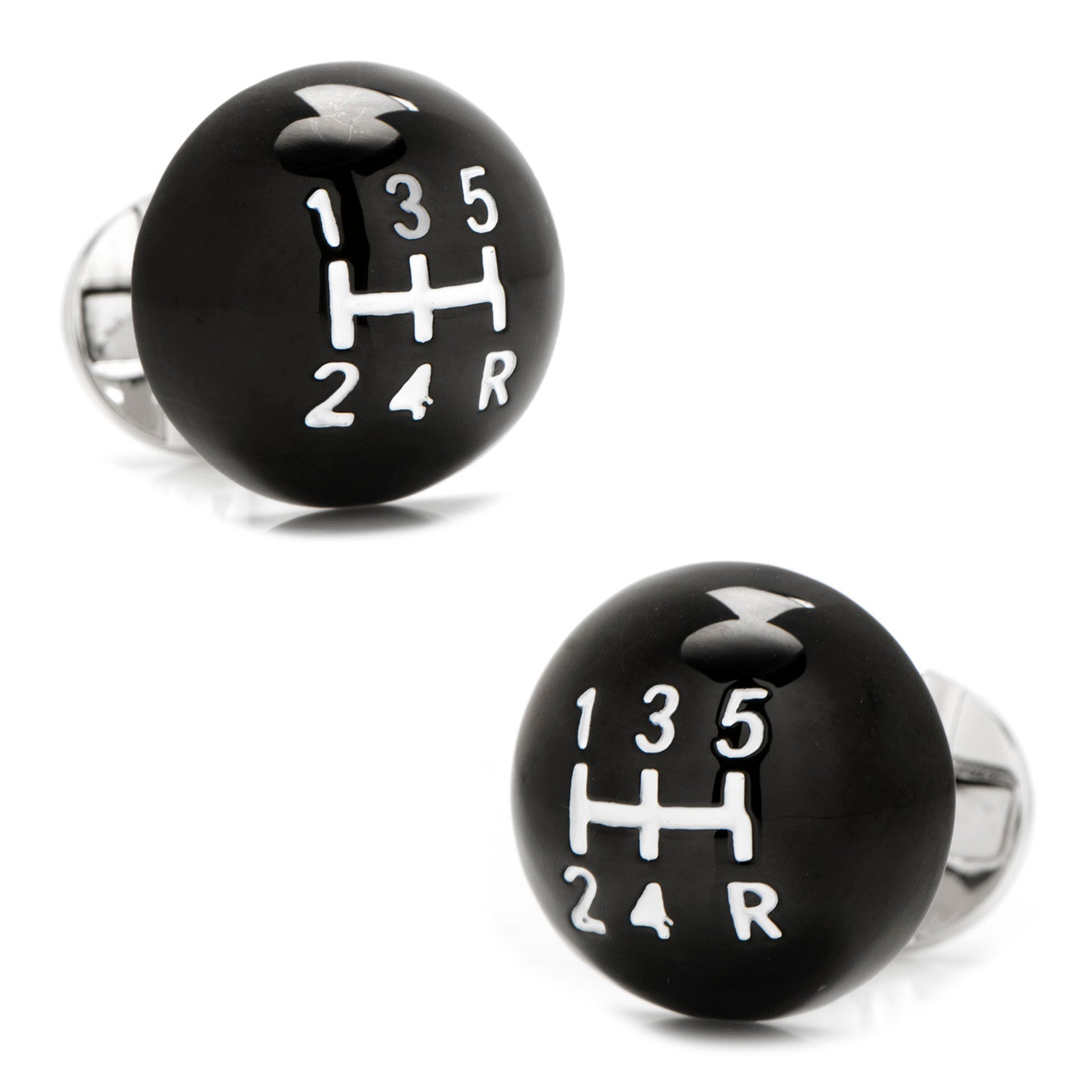 The 3D Black Gear Shifter Cufflinks by Cufflinks.com feature a round black design with a white five-speed manual shift pattern and an 'R' for reverse.