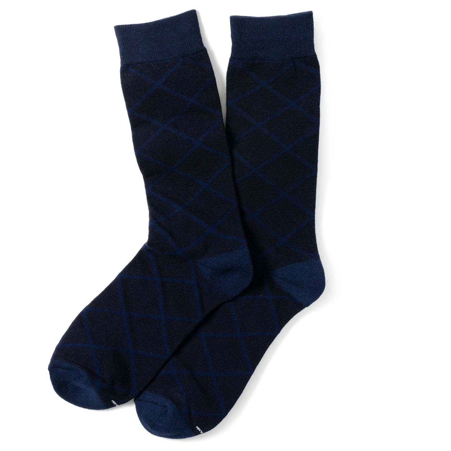 The Grid Navy Men's Sock by Cufflinks.com is crafted from a soft cotton blend, featuring a subtle light blue diamond grid pattern, and is shown against a white background.