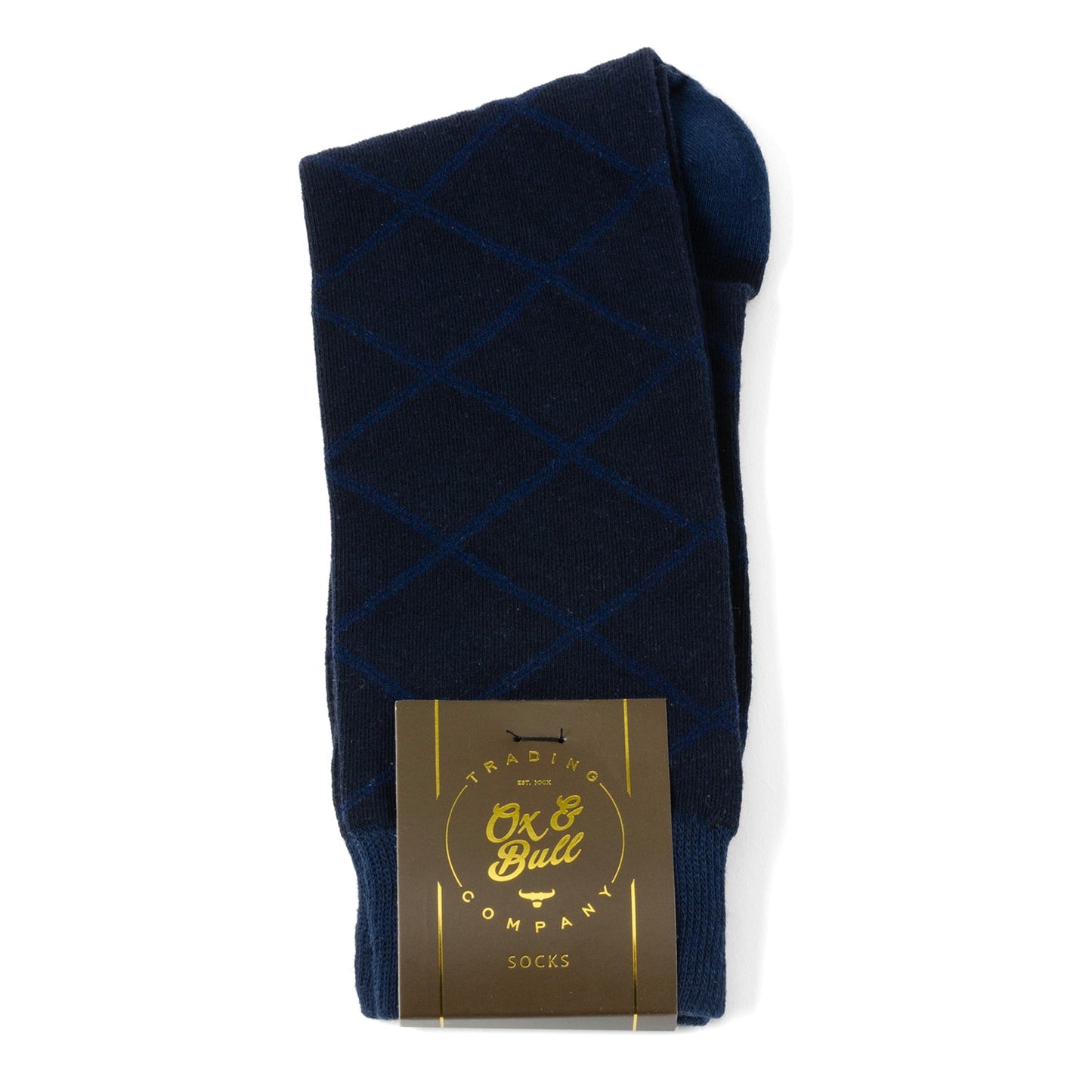The Grid Navy Men's Sock by Cufflinks.com is crafted from a soft cotton blend, featuring a subtle light blue diamond grid pattern, and is shown against a white background.