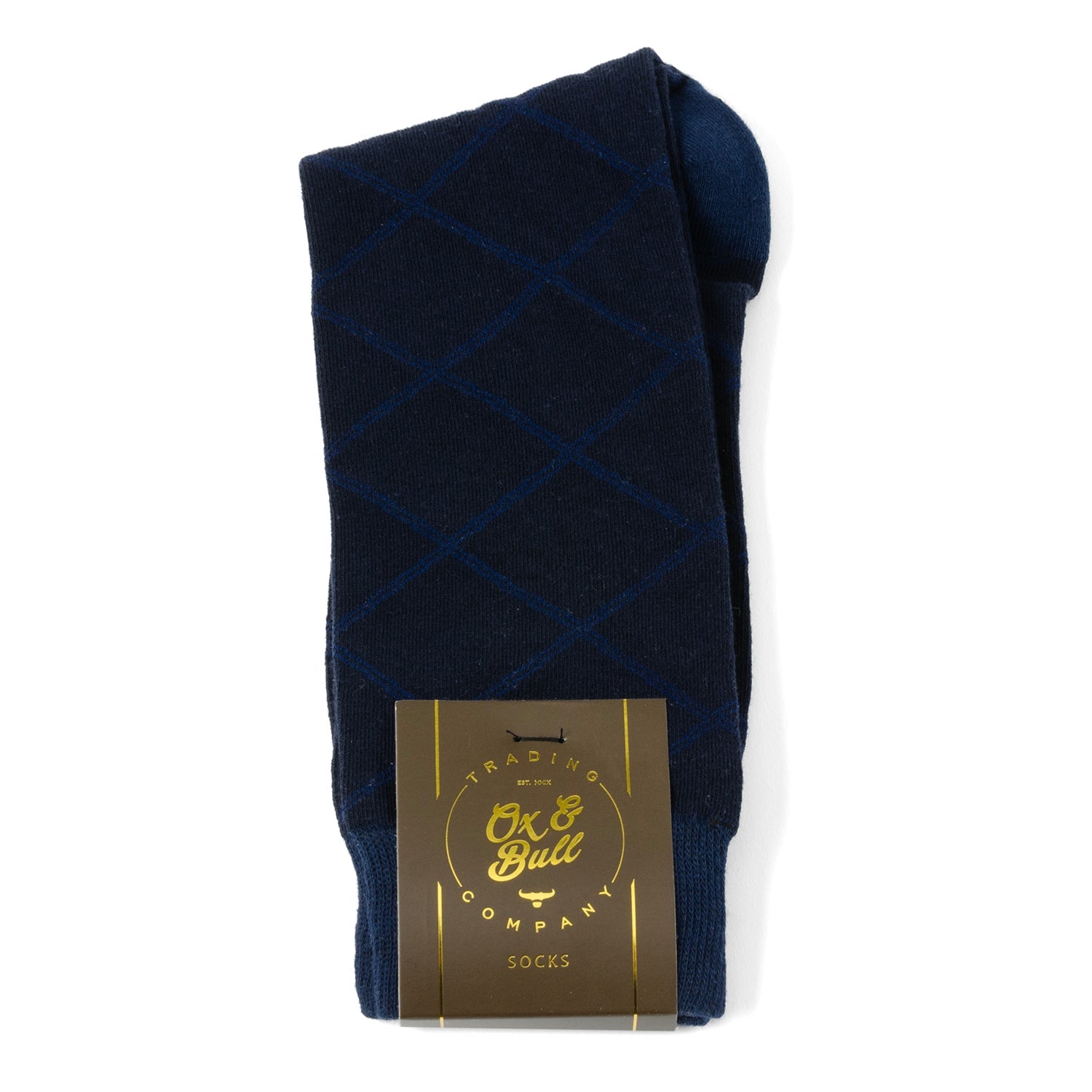 The Grid Navy Men's Sock by Cufflinks.com is crafted from a soft cotton blend, featuring a subtle light blue diamond grid pattern, and is shown against a white background.