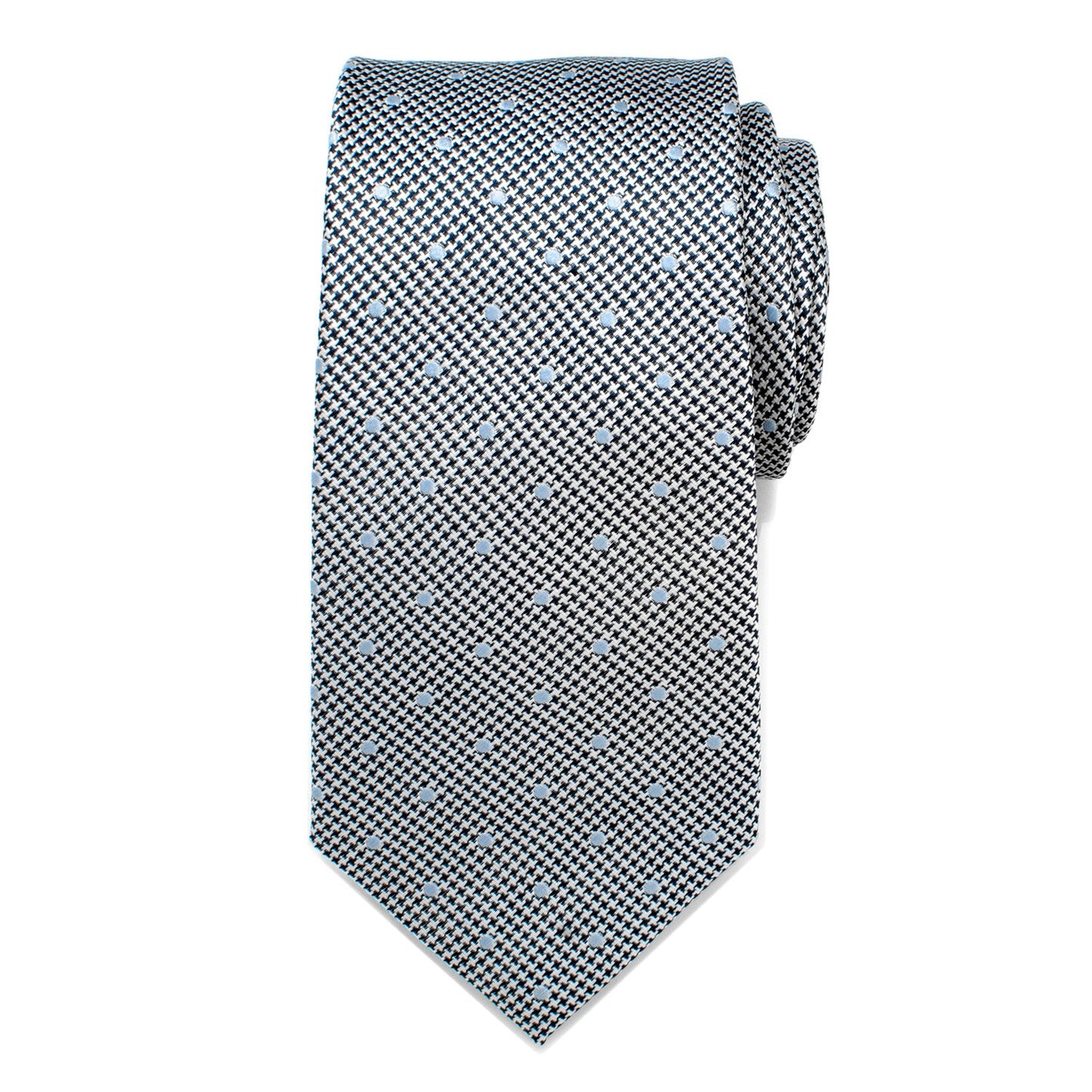 The Dotted Herringbone Gray Silk Tie by Cufflinks.com is a versatile silk tie featuring a stylish gray herringbone pattern with dotted accents, ideal for both formal and casual occasions.