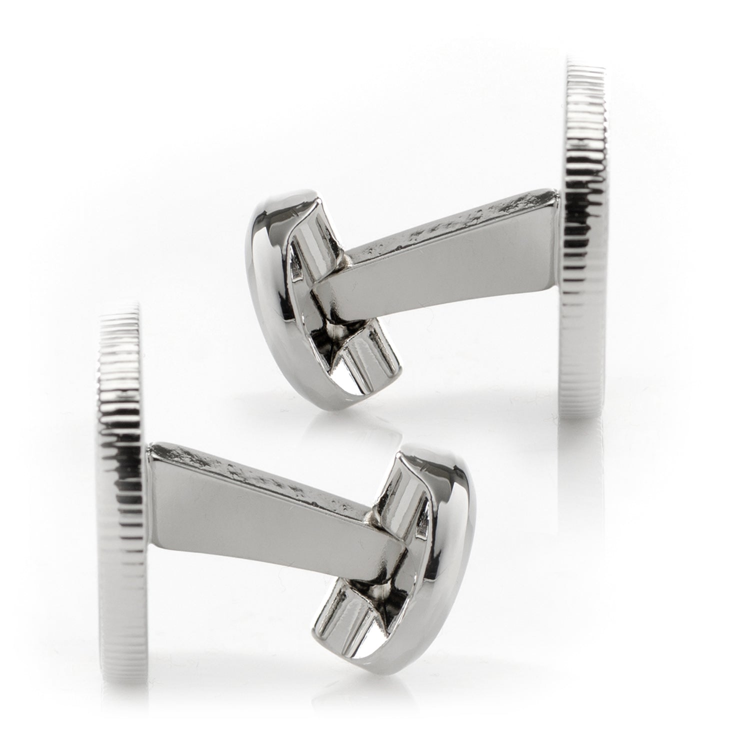 Hunter Silver Cufflinks by Cufflinks.com feature an engraved hunter aiming at flying birds above grass. With a brushed finish, they add rugged charm to any outfit.