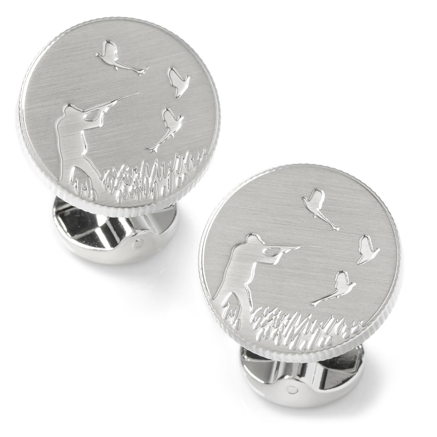 Hunter Silver Cufflinks by Cufflinks.com feature an engraved hunter aiming at flying birds above grass. With a brushed finish, they add rugged charm to any outfit.